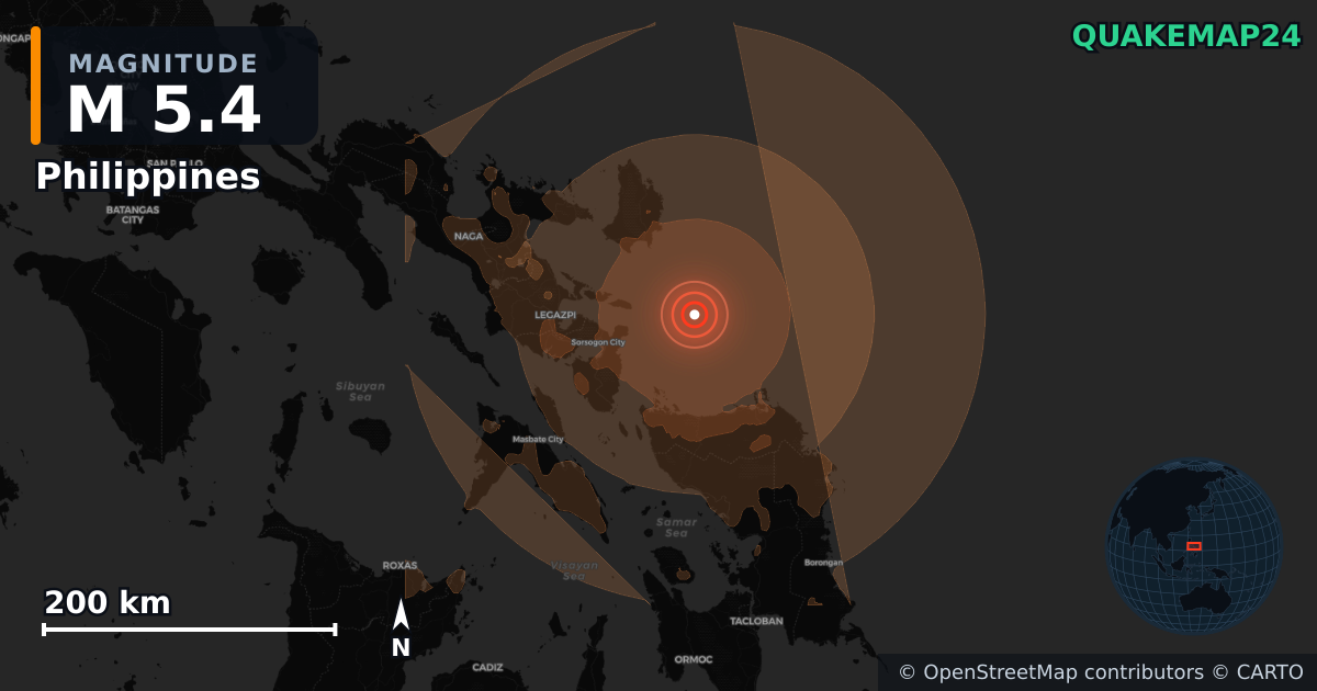 M5.4 earthquake near Philippines on Jul 29, 2026 — map of epicenter and shaking intensity | QuakeMap24