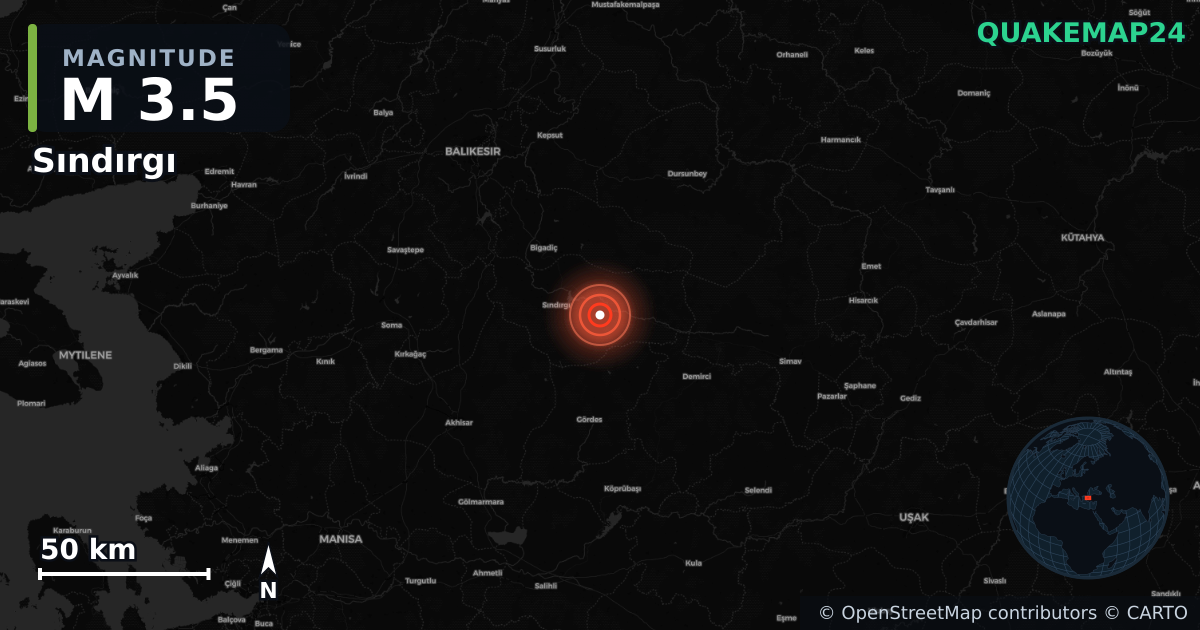 M3.5 earthquake near Sındırgı on Nov 8, 2025 — map of epicenter and shaking intensity | QuakeMap24