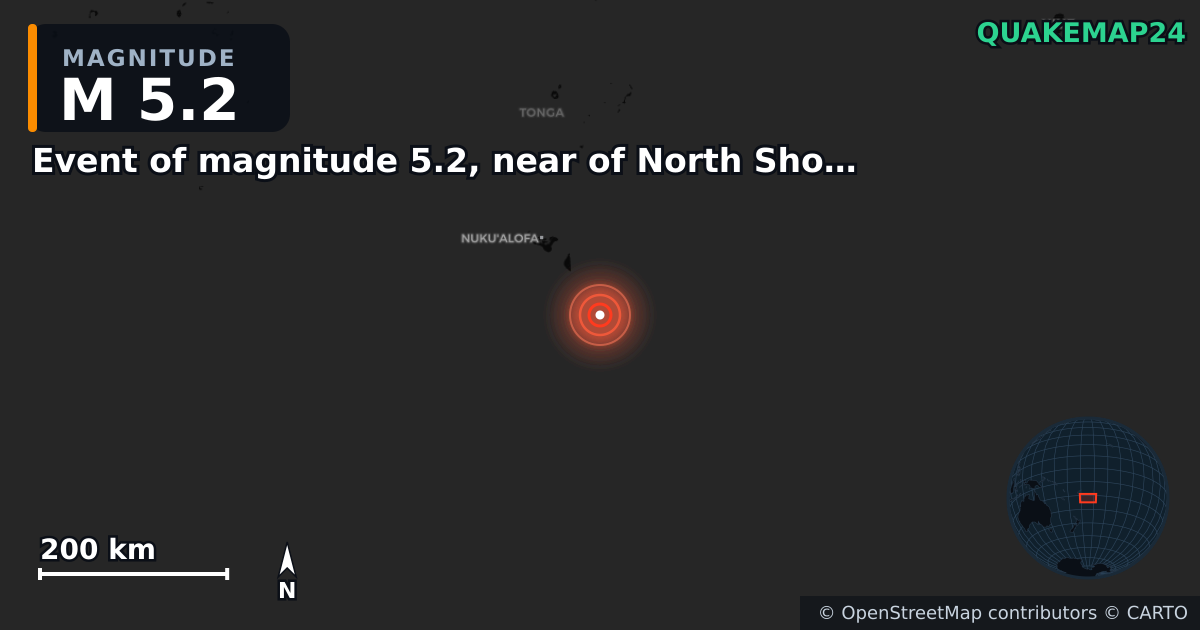 M5.2 earthquake near Event of magnitude 5.2, near of North Shore (Monde) on Jan 26, 2026 — map of epicenter and shaking intensity | QuakeMap24