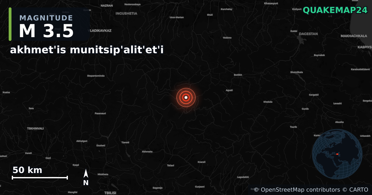 M3.5 earthquake near akhmet'is munitsip'alit'et'i on Apr 8, 2026 — map of epicenter and shaking intensity | QuakeMap24