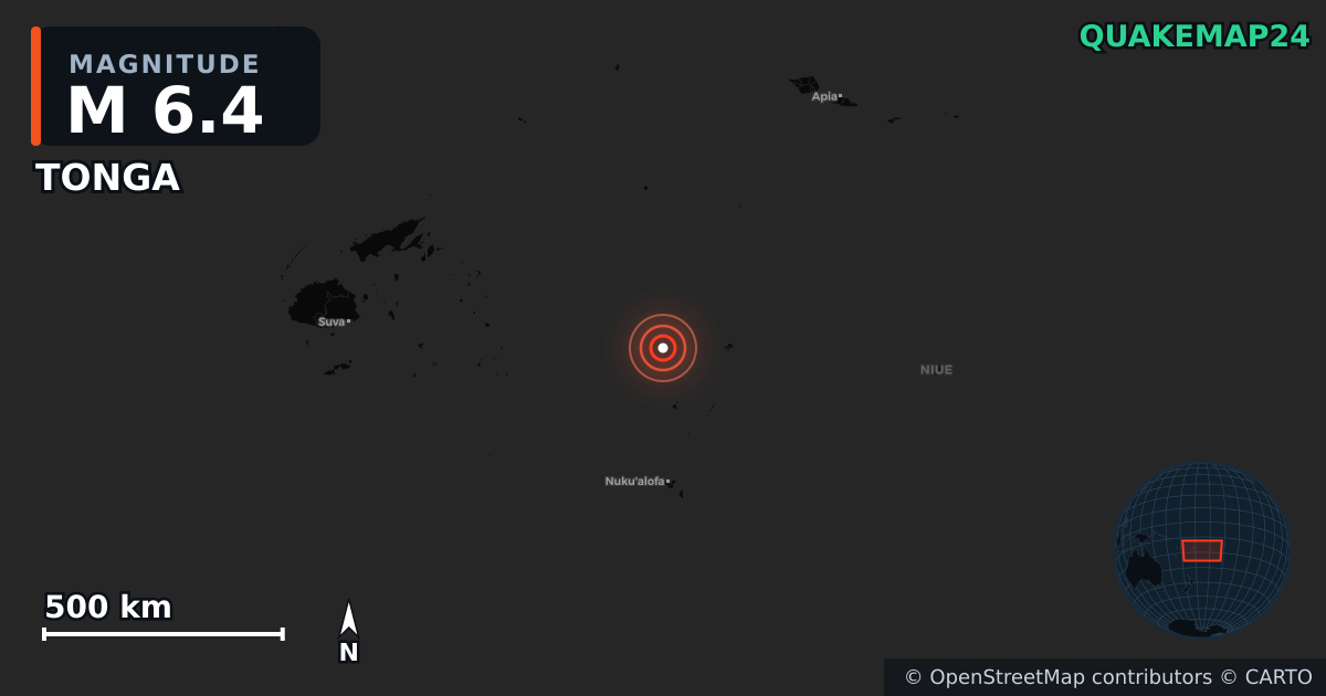 M6.4 earthquake near TONGA on May 14, 2025 — map of epicenter and shaking intensity | QuakeMap24