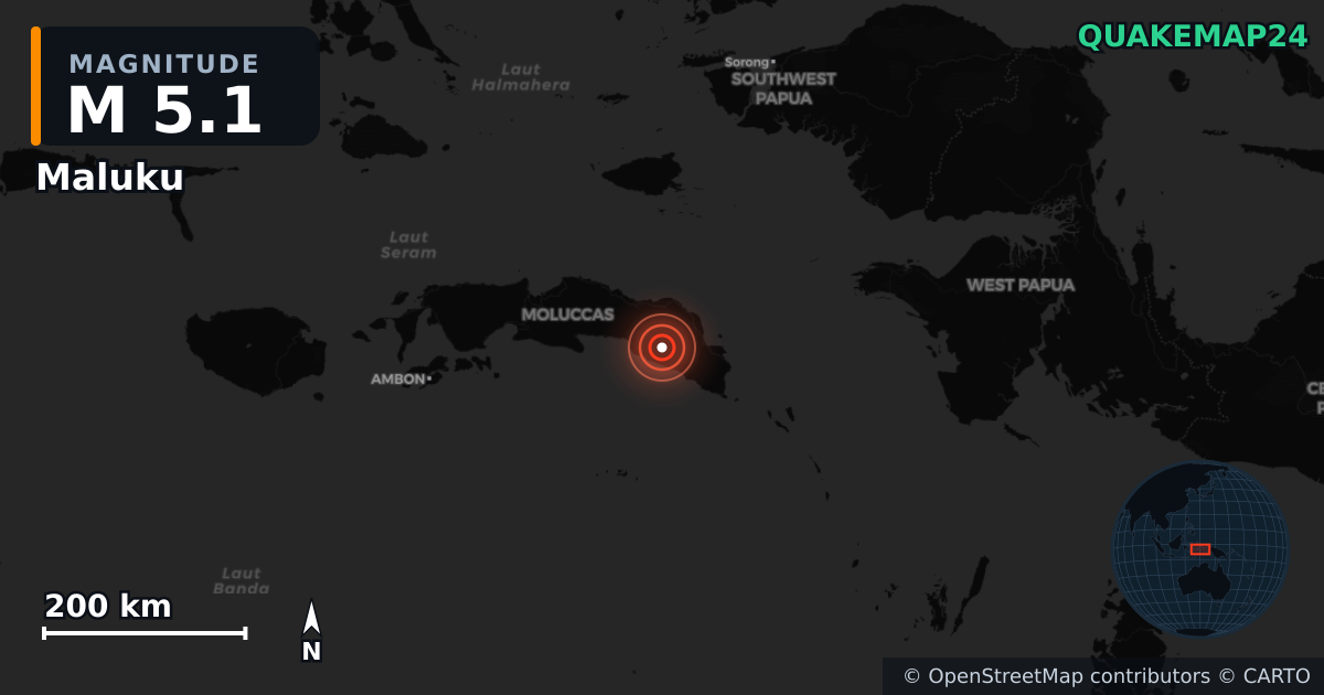 M5.1 earthquake near Maluku on Jun 12, 2025 — map of epicenter and shaking intensity | QuakeMap24