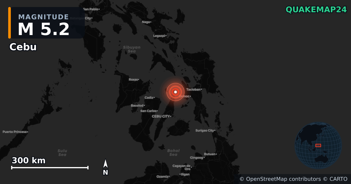 M5.2 earthquake near Cebu on Sep 30, 2025 — map of epicenter and shaking intensity | QuakeMap24