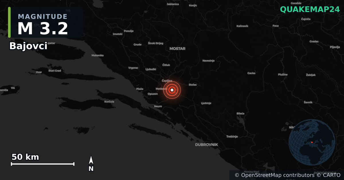 Bajovci, Federation of Bosnia and Herzegovina (Bosna-Hersek) yakınında M3,2 deprem · 2026-10-05 — Deprem merkez üssünün konumunu gösteren harita