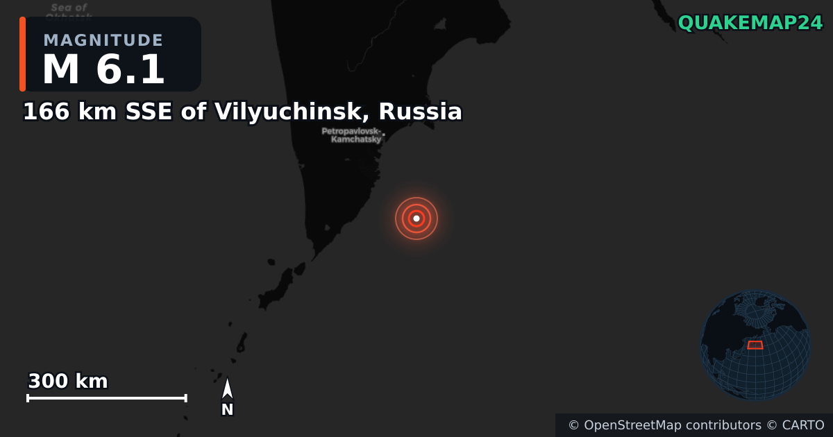 M6.1 earthquake near 166 km SSE of Vilyuchinsk, Russia on Aug 2, 2025 — map of epicenter and shaking intensity | QuakeMap24