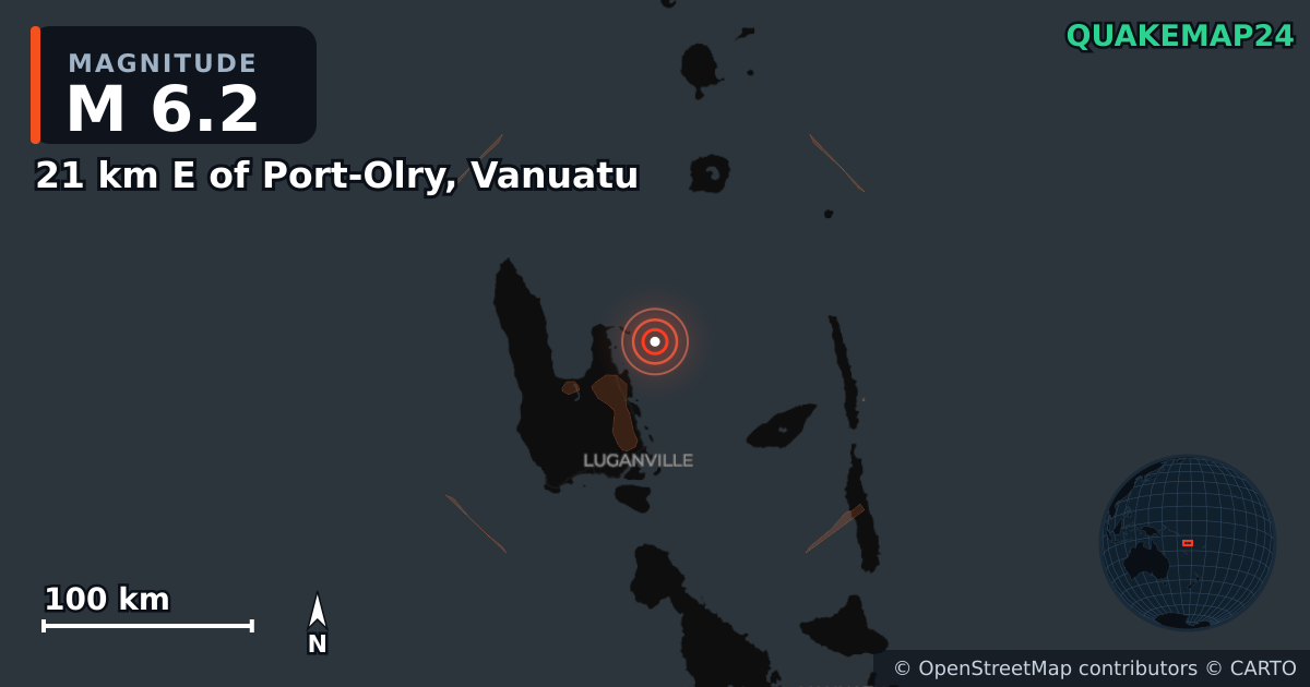 Sanma (Vanuatu) yakınında M6,2 deprem · 2026-10-25 — Deprem merkez üssünün konumunu gösteren harita