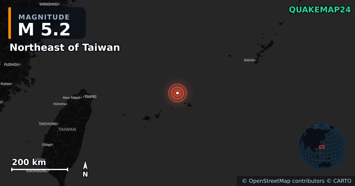 M5.2 earthquake near Northeast of Taiwan on Feb 28, 2026 — map of epicenter and shaking intensity | QuakeMap24