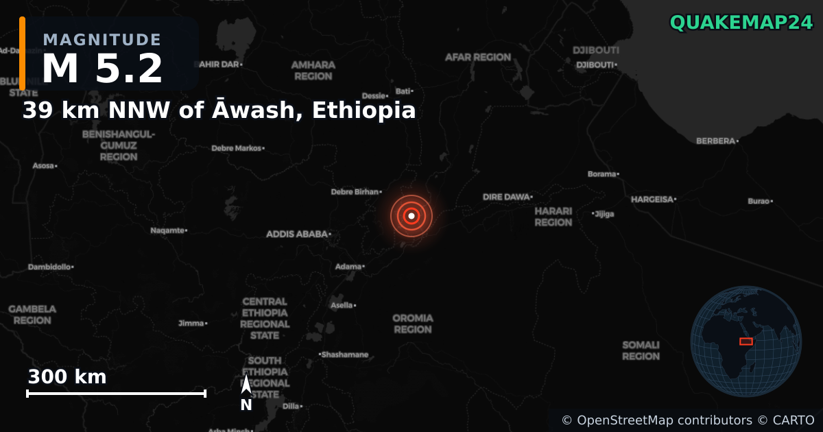 M5.2 earthquake near 39 km NNW of Āwash, Ethiopia on Jan 11, 2025 — map of epicenter and shaking intensity | QuakeMap24