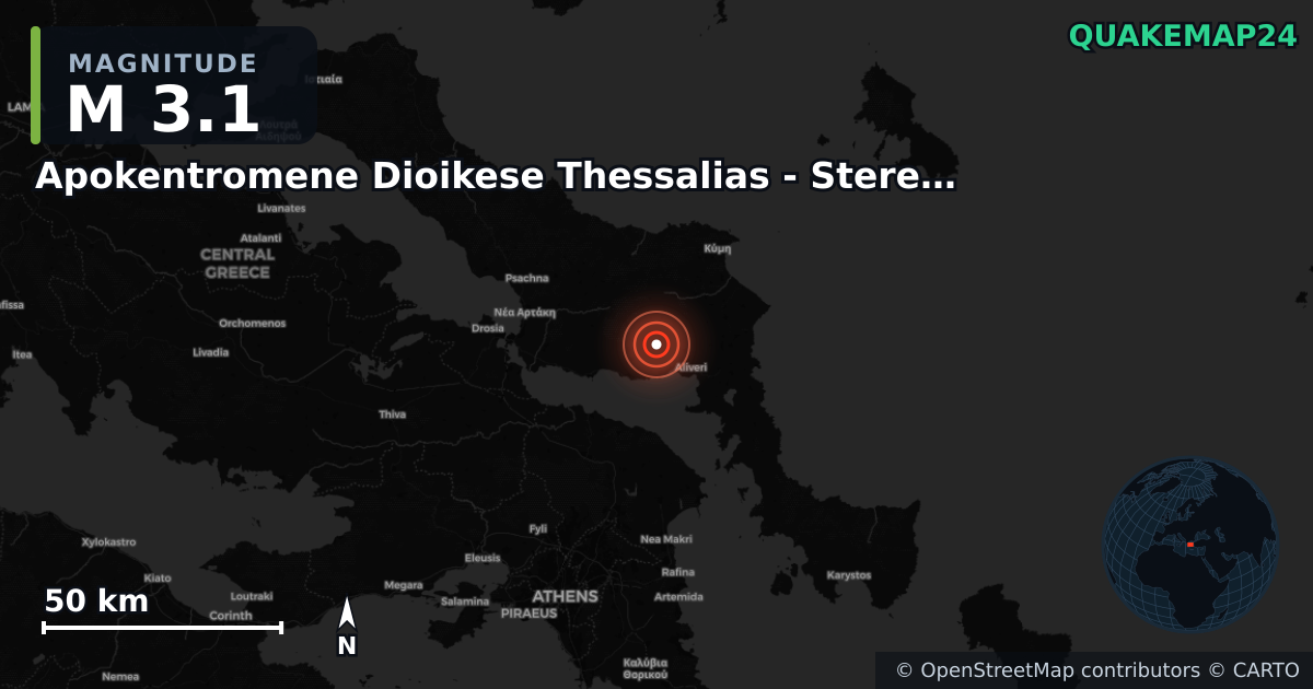 M3.1 earthquake near Apokentromene Dioikese Thessalias - Stereas Ellados on Aug 19, 2025 — map of epicenter and shaking intensity | QuakeMap24