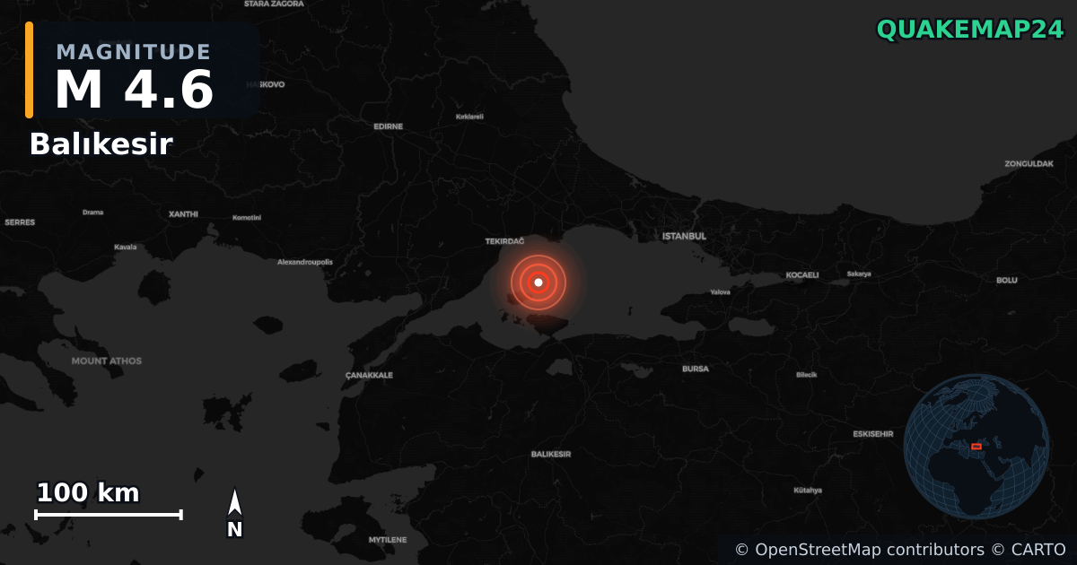 M4.6 earthquake near Balıkesir on Oct 2, 2025 — map of epicenter and shaking intensity | QuakeMap24