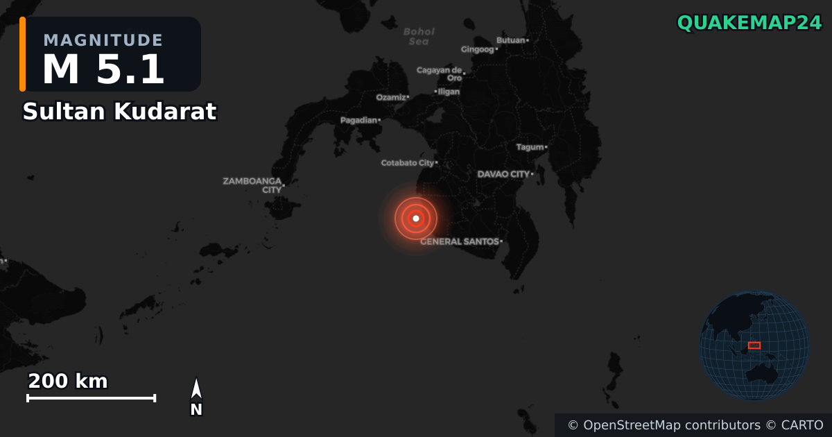 M5.1 earthquake near Sultan Kudarat on Jan 20, 2026 — map of epicenter and shaking intensity | QuakeMap24