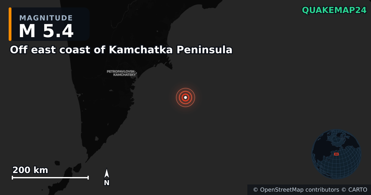 M5.4 earthquake near Off east coast of Kamchatka Peninsula on Jun 11, 2026 — map of epicenter and shaking intensity | QuakeMap24