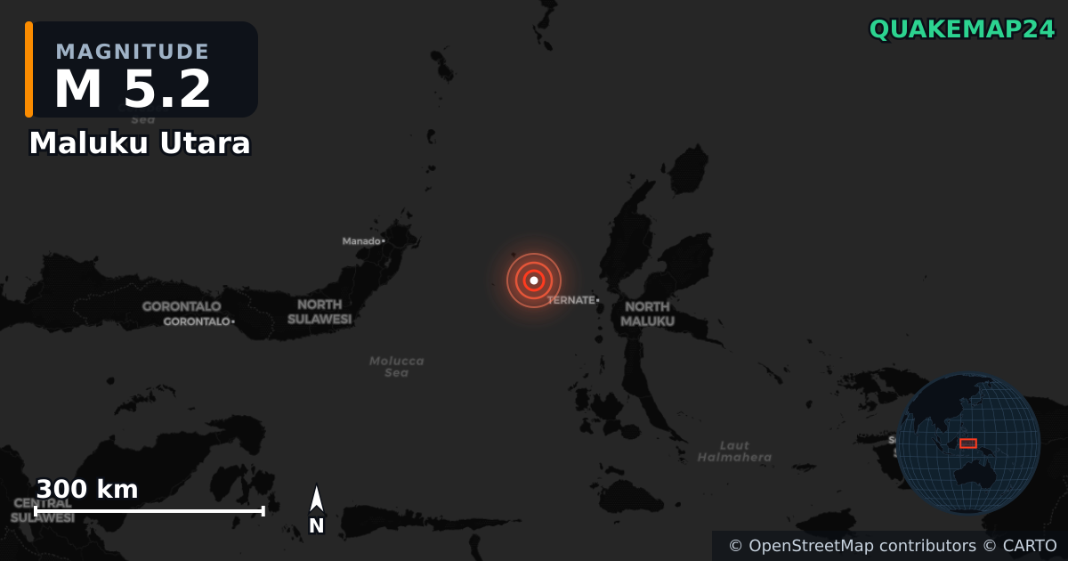 Erdbeben M5,2 bei Maluku Utara — Karte der Lage des Epizentrums