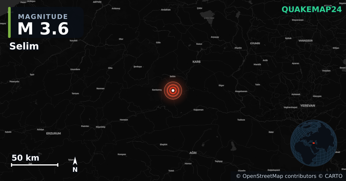 M3.6 earthquake near Selim on Jun 22, 2025 — map of epicenter and shaking intensity | QuakeMap24