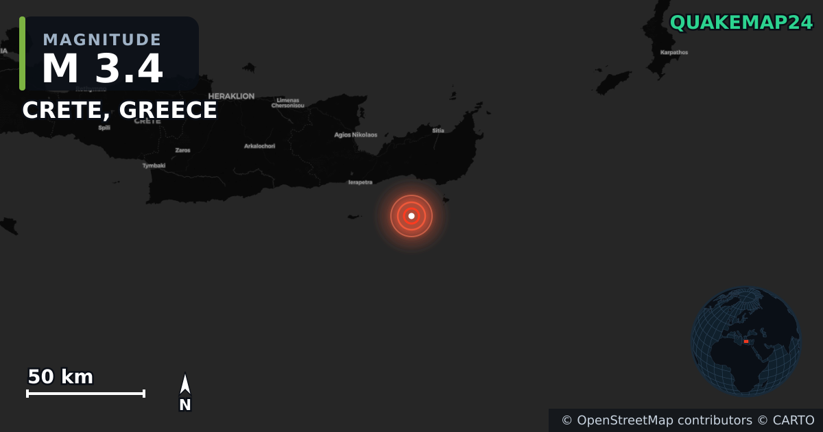 M3.4 earthquake near CRETE, GREECE on Dec 9, 2025 — map of epicenter and shaking intensity | QuakeMap24