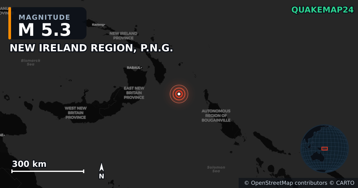 M5.3 earthquake near NEW IRELAND REGION, P.N.G. on Apr 13, 2026 — map of epicenter and shaking intensity | QuakeMap24