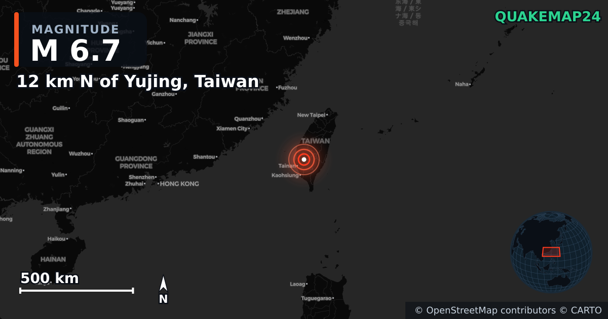 M6.7 earthquake near 12 km N of Yujing, Taiwan on Jan 20, 2025 — map of epicenter and shaking intensity | QuakeMap24