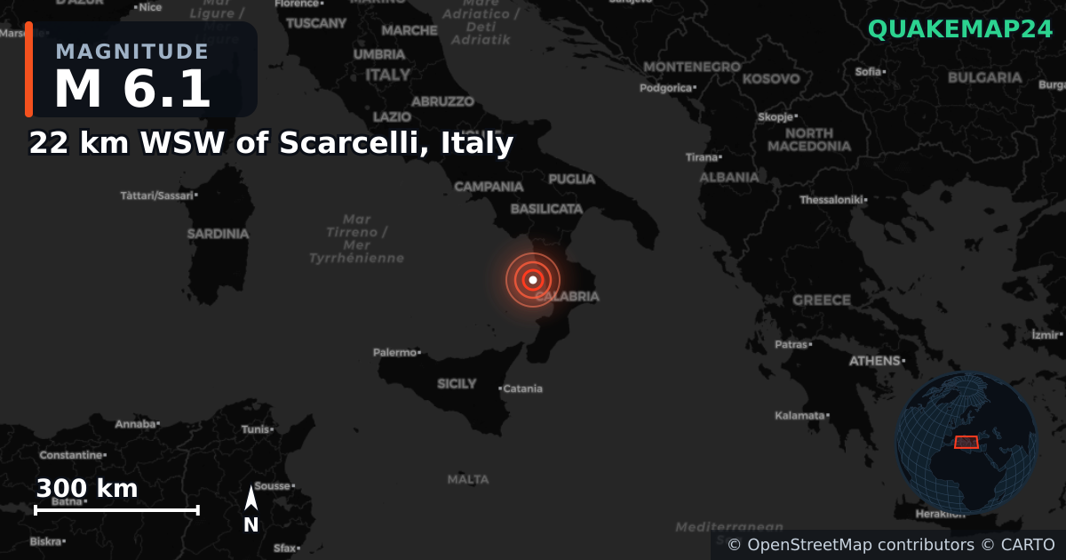 M6.1 earthquake near 22 km WSW of Scarcelli, Italy on Jun 1, 2026 — map of epicenter and shaking intensity | QuakeMap24