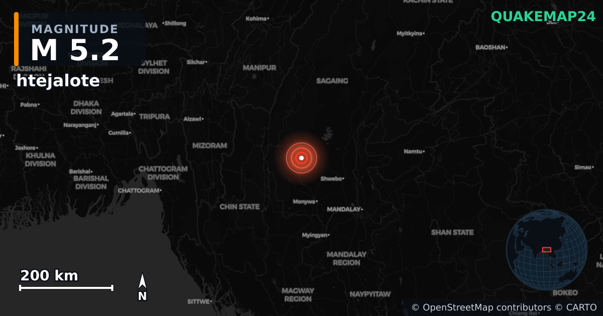 M5.2 earthquake near htejalote on Feb 25, 2026 — map of epicenter and shaking intensity | QuakeMap24