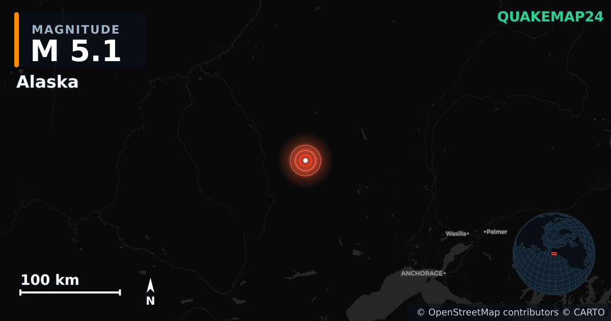 M5.1 earthquake near Alaska on Aug 6, 2025 — map of epicenter and shaking intensity | QuakeMap24