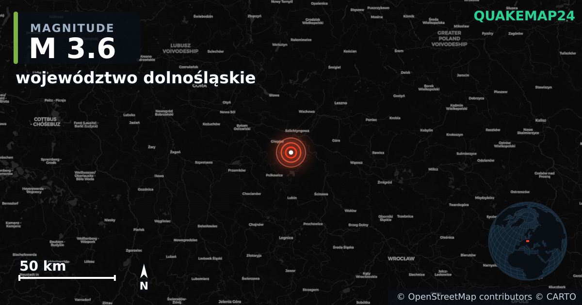 M3.6 earthquake near województwo dolnośląskie on Jun 3, 2025 — map of epicenter and shaking intensity | QuakeMap24