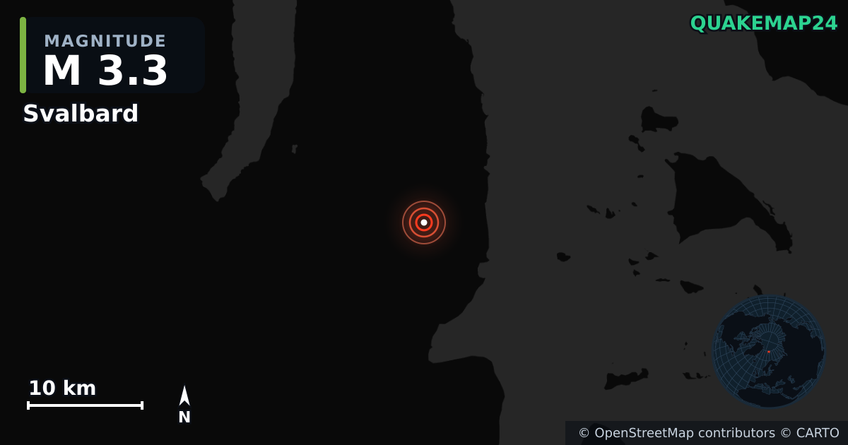 M3.3 earthquake near Svalbard on Mar 12, 2026 — map of epicenter and shaking intensity | QuakeMap24