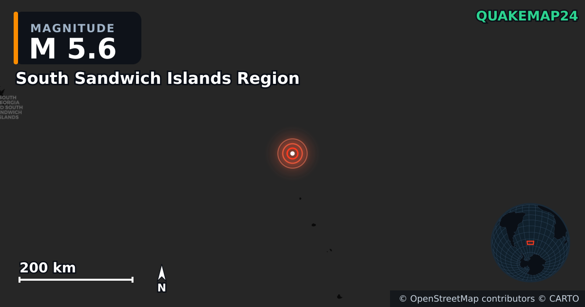 M5.6 earthquake near South Sandwich Islands Region on Sep 13, 2025 — map of epicenter and shaking intensity | QuakeMap24