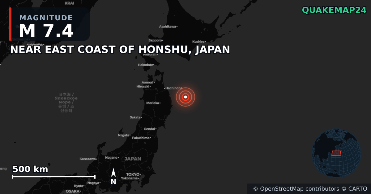 M7.4 earthquake near NEAR EAST COAST OF HONSHU, JAPAN on Apr 20, 2026 — map of epicenter and shaking intensity | QuakeMap24