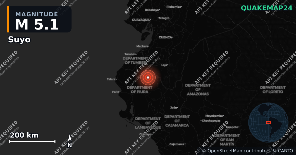 M5.1 earthquake near Suyo on Jun 13, 2026 — map of epicenter and shaking intensity | QuakeMap24