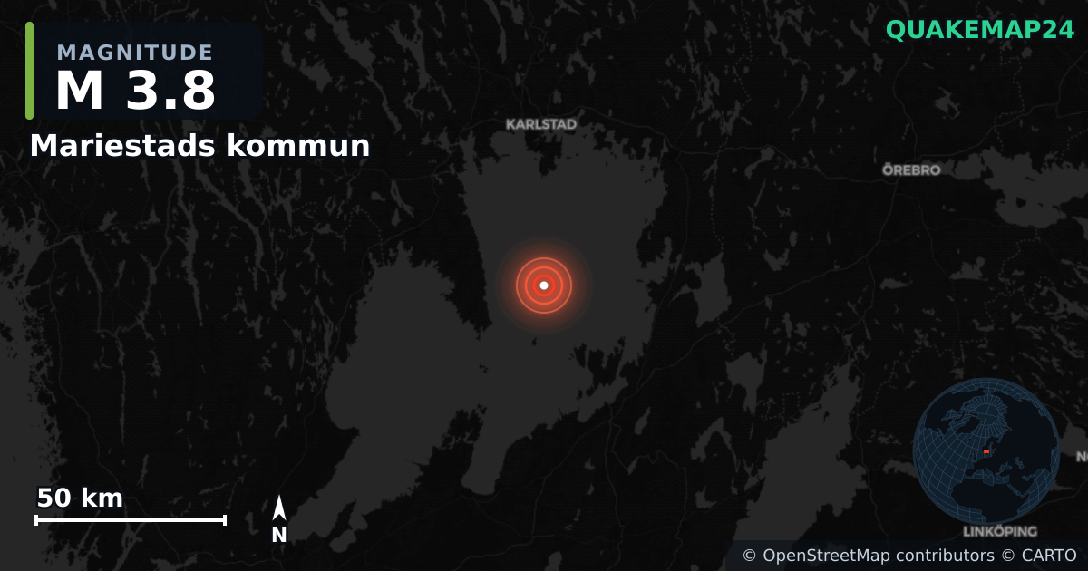 M3.8 earthquake near Mariestads kommun on Feb 19, 2025 — map of epicenter and shaking intensity | QuakeMap24