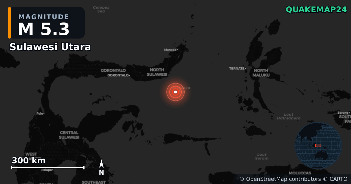M5.3 earthquake near Sulawesi Utara on Jan 30, 2026 — map of epicenter and shaking intensity | QuakeMap24