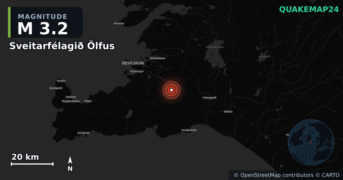 M3.2 earthquake near Sveitarfélagið Ölfus on Jun 3, 2026 — map of epicenter and shaking intensity | QuakeMap24