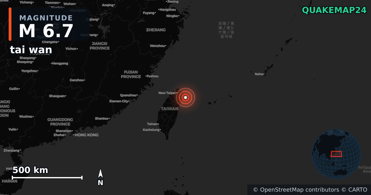 M6.7 earthquake near tai wan on Dec 27, 2025 — map of epicenter and shaking intensity | QuakeMap24