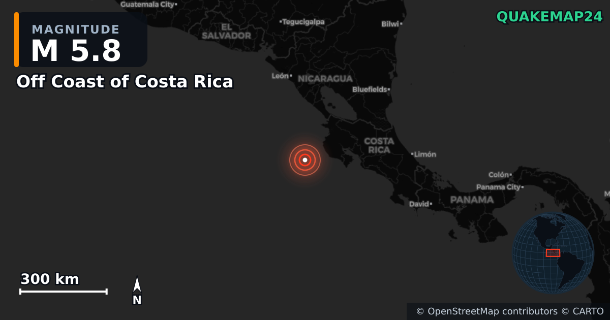 M5.8 earthquake near Off Coast of Costa Rica on Apr 15, 2026 — map of epicenter and shaking intensity | QuakeMap24
