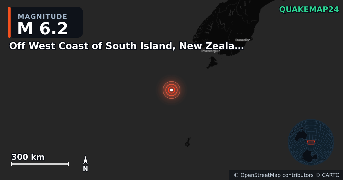 Erdbeben M6,2 bei Off West Coast of South Island, New Zealand · 2025-04-29 — Karte der Lage des Epizentrums