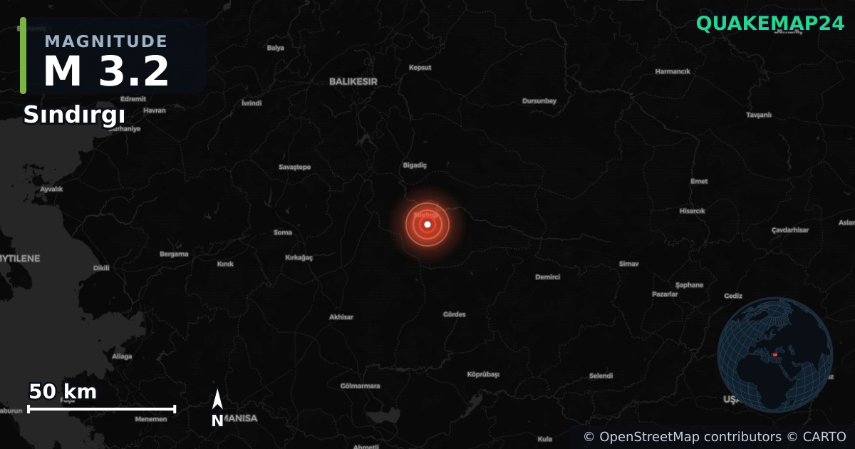 M3.2 earthquake near Sındırgı on Aug 11, 2025 — map of epicenter and shaking intensity | QuakeMap24