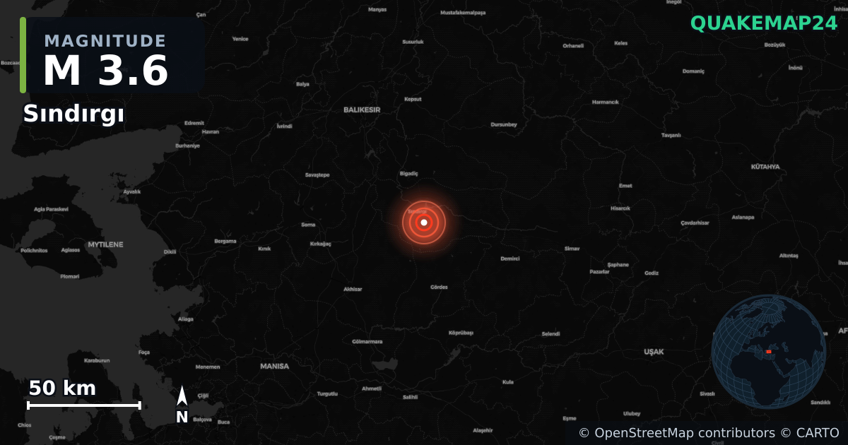 M3.6 earthquake near Sındırgı on Oct 27, 2025 — map of epicenter and shaking intensity | QuakeMap24