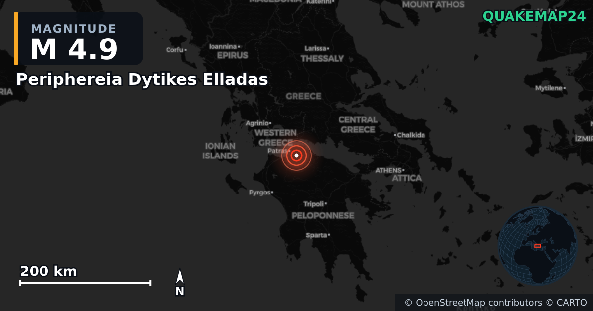 M4.9 earthquake near Περιφέρεια Δυτικής Ελλάδας on Dec 6, 2025 — map of epicenter and shaking intensity | QuakeMap24