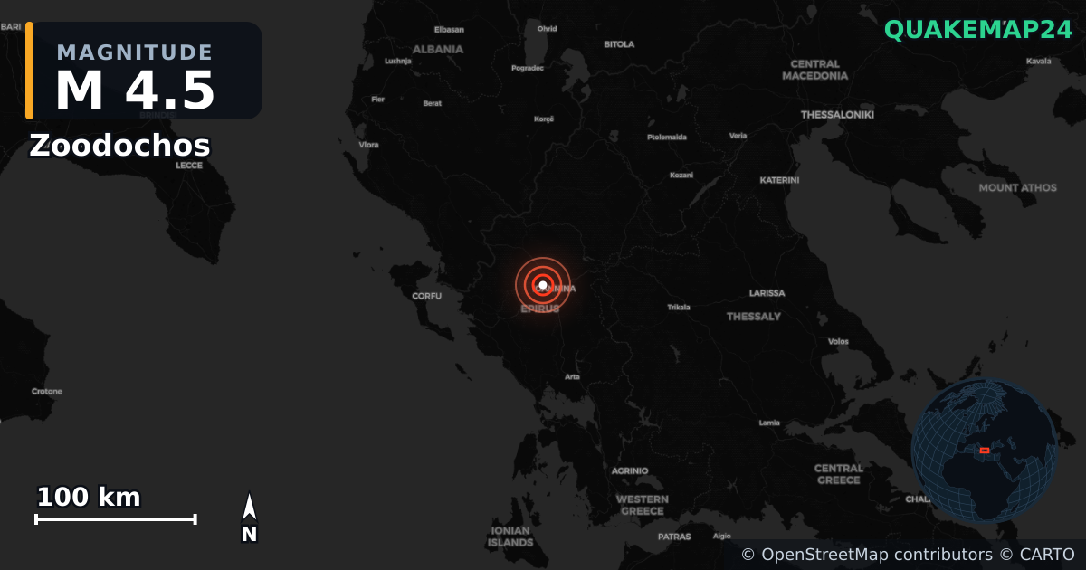 M4.5 earthquake near Zoodochos on Apr 6, 2026 — map of epicenter and shaking intensity | QuakeMap24