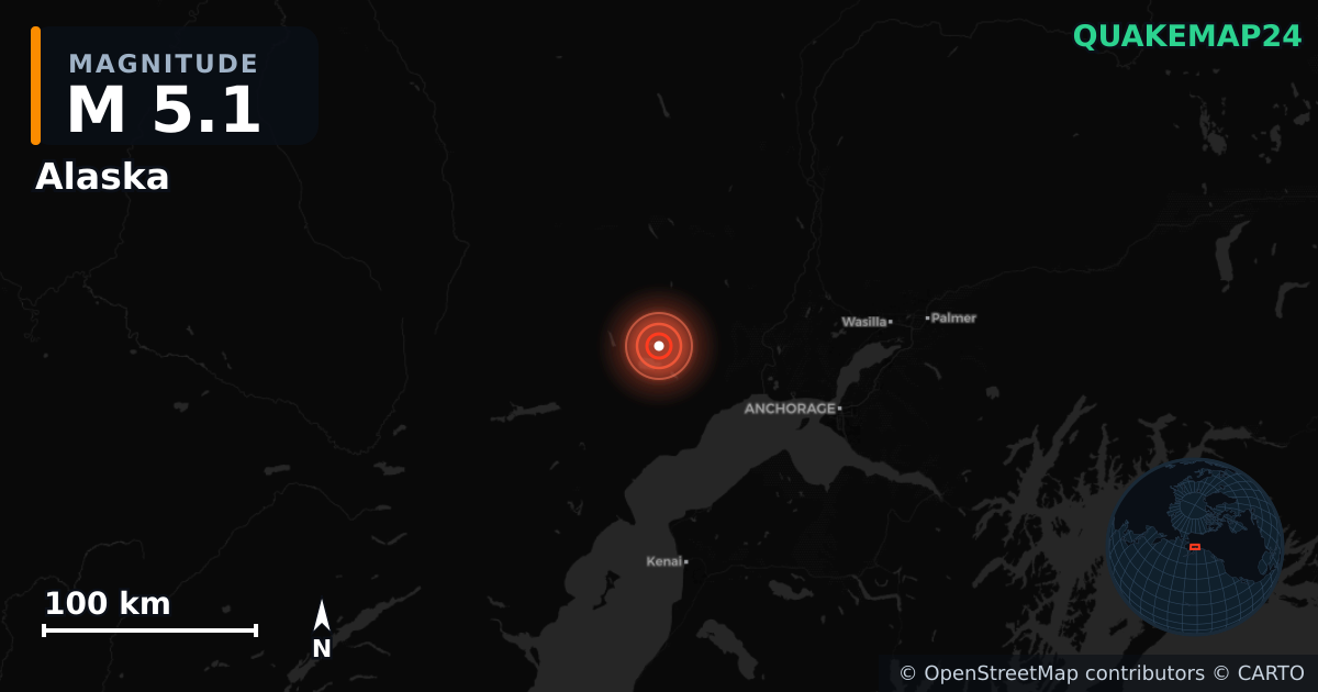 M5.1 earthquake near Alaska on Nov 22, 2025 — map of epicenter and shaking intensity | QuakeMap24