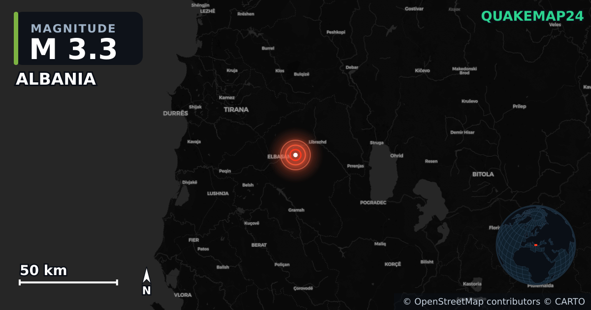 M3.3 earthquake near ALBANIA on Apr 28, 2025 — map of epicenter and shaking intensity | QuakeMap24
