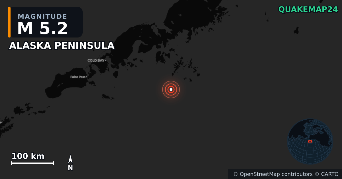 M5.2 earthquake near ALASKA PENINSULA on Jul 17, 2025 — map of epicenter and shaking intensity | QuakeMap24