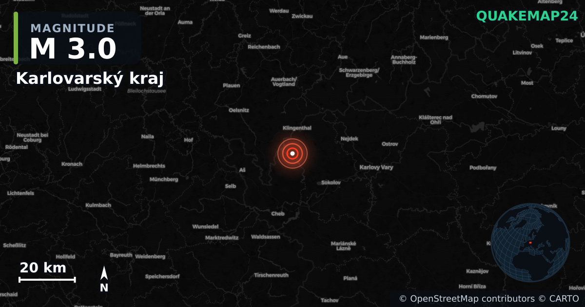 M3.0 earthquake near Karlovarský kraj on Dec 10, 2025 — map of epicenter and shaking intensity | QuakeMap24