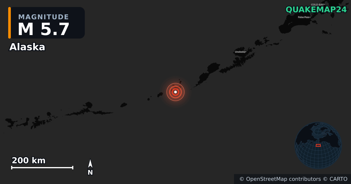 M5.7 earthquake near Alaska on Feb 23, 2026 — map of epicenter and shaking intensity | QuakeMap24