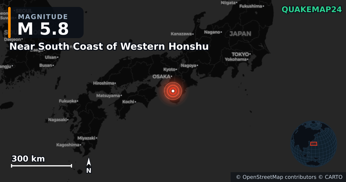 M5.8 earthquake near Near South Coast of Western Honshu on May 2, 2026 — map of epicenter and shaking intensity | QuakeMap24