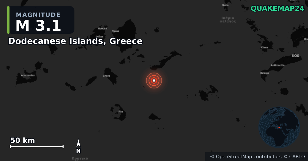 M3.1 earthquake near Dodecanese Islands, Greece on Oct 16, 2025 — map of epicenter and shaking intensity | QuakeMap24