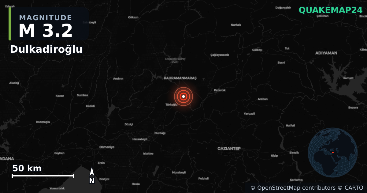 M3.2 earthquake near Dulkadiroğlu on Nov 25, 2025 — map of epicenter and shaking intensity | QuakeMap24
