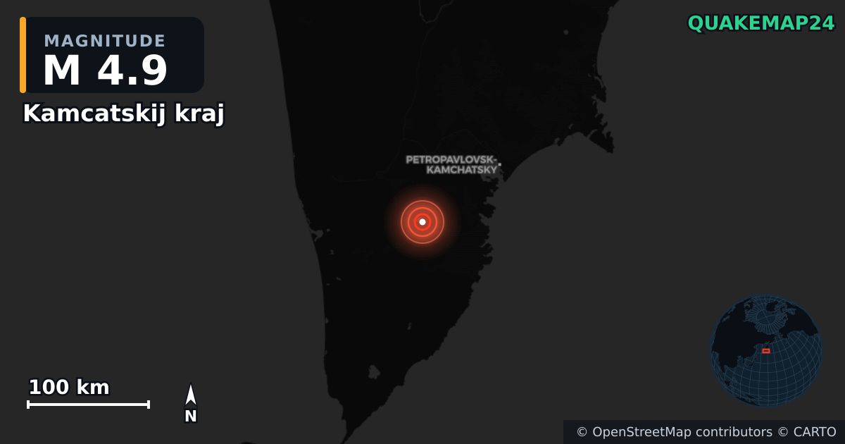 M4.9 earthquake near Kamcatskij kraj on Aug 4, 2025 — map of epicenter and shaking intensity | QuakeMap24