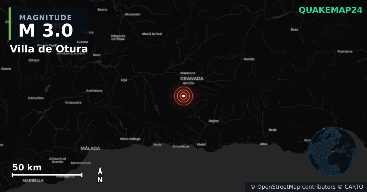 M3.0 earthquake near Villa de Otura on Aug 15, 2026 — map of epicenter and shaking intensity | QuakeMap24