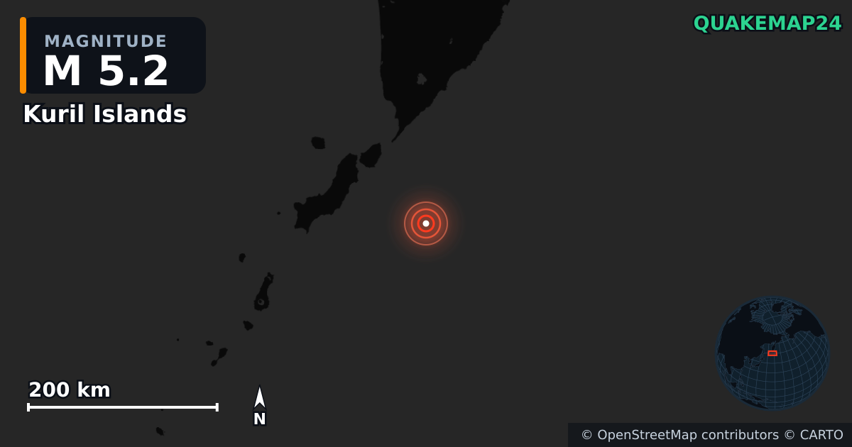 M5.2 earthquake near Kuril Islands on Oct 17, 2025 — map of epicenter and shaking intensity | QuakeMap24
